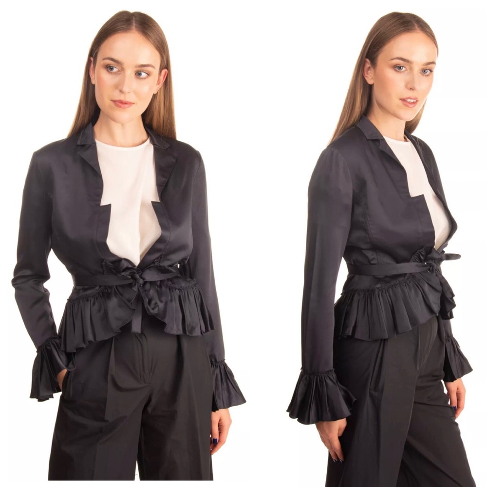 $750 TOME Satin Jacket Ruffle Belted Open Front